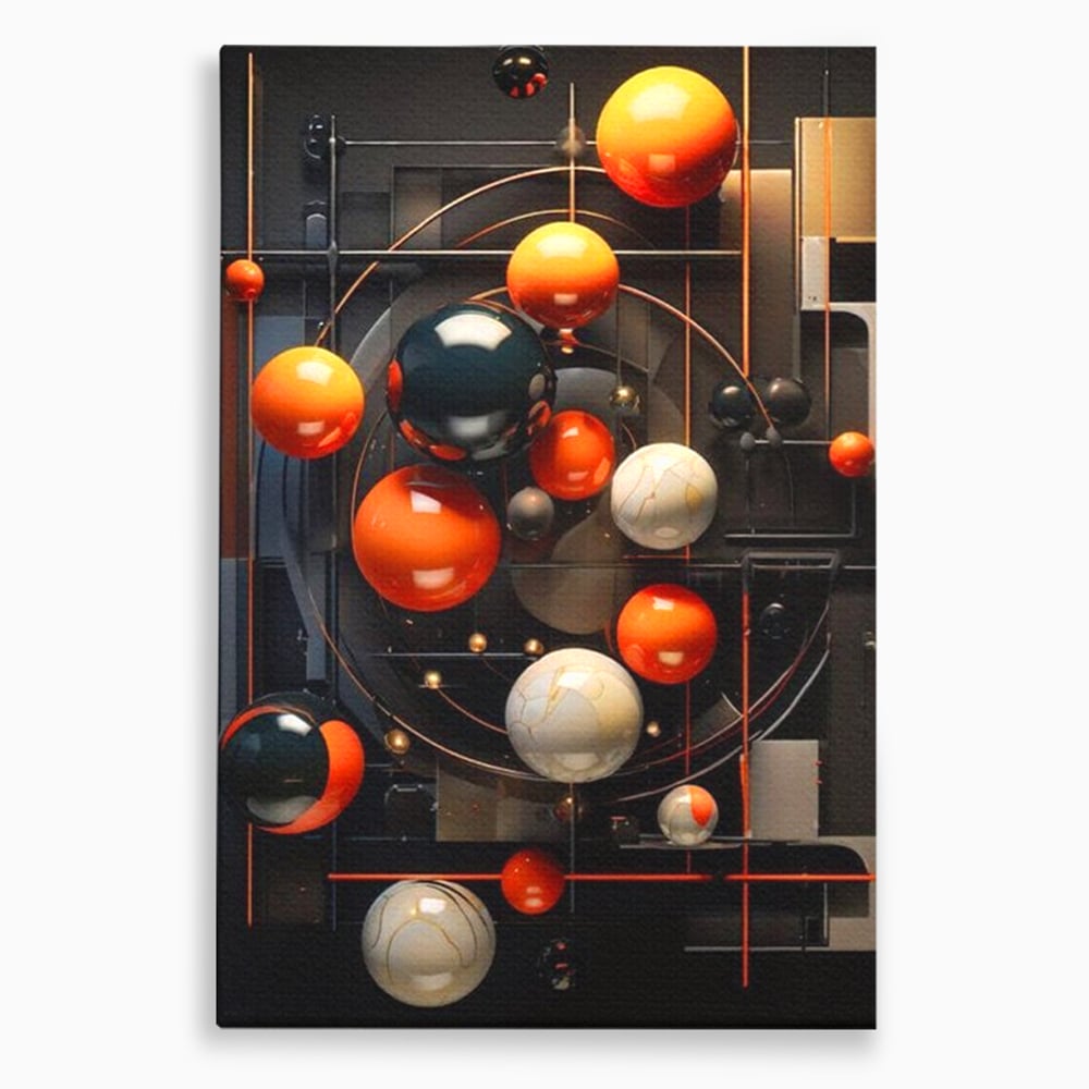 Tablou canvas cu ilustratie abstracta cu planete si orbite, fara rama, pe sasiu de lemn
